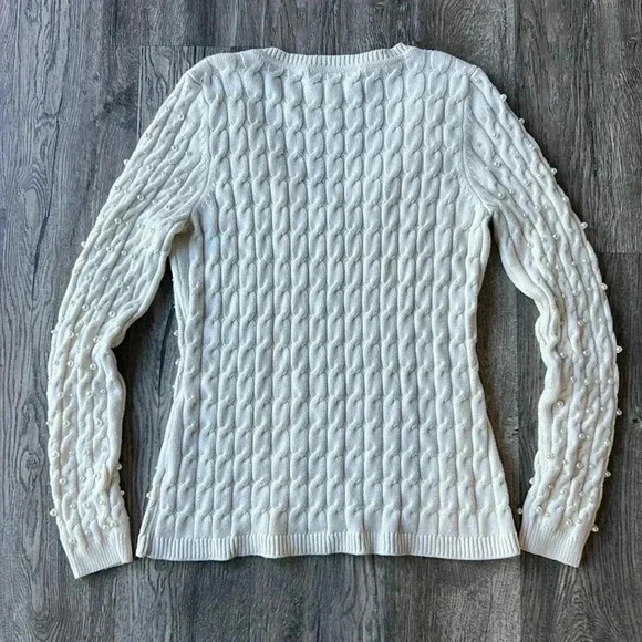 Boston Proper Sweater White V Neck Cable Knit Faux Pearl Embellished Size Large - Picture 6 of 9